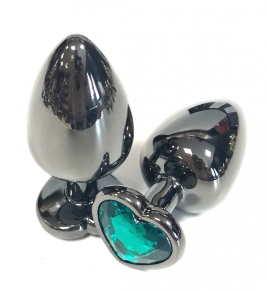 Черная металлическая анальная пробка с зеленым стразом-сердечком - 9 см. Черная металлическая анальная пробка с зеленым стразом-сердечком - 9 см.