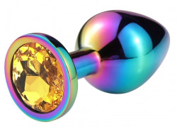 Разноцветная гладкая анальная пробка с оранжевым кристаллом - 9,5 см.