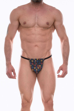 Темно-серые мужские трусы-стринги с разноцветным принтом Темно-серые мужские трусы-стринги с разноцветным принтом