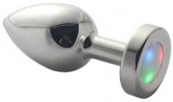 Серебристая гладкая анальная пробка со светодиодным кристаллом - 7,3 см.