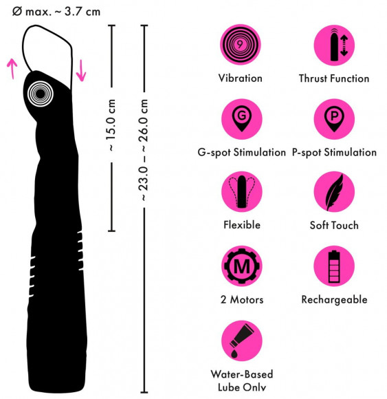 Черный вибратор с поступательными движениями G and P-Spot Thrusting Vibrator - 23 см.