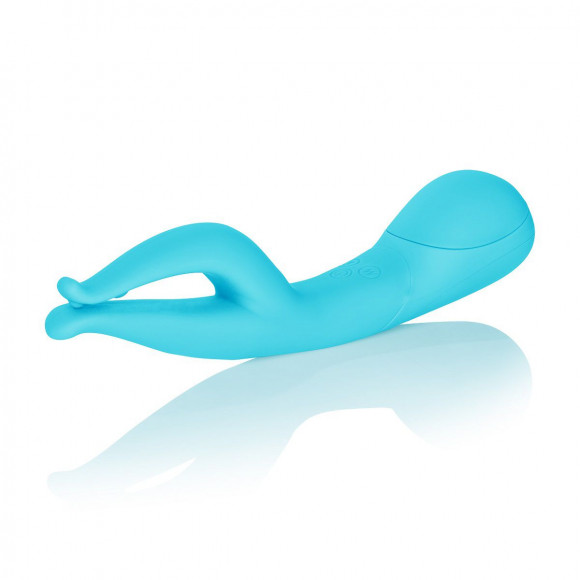 Голубой вибромассажер Impress Dual Kiss со стимуляцией клитора - 15 см.