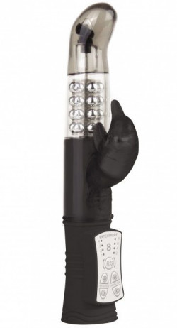 Чёрный перезаряжаемый вибратор Rechargeable Dolphin с дельфинчиком - 22 см.