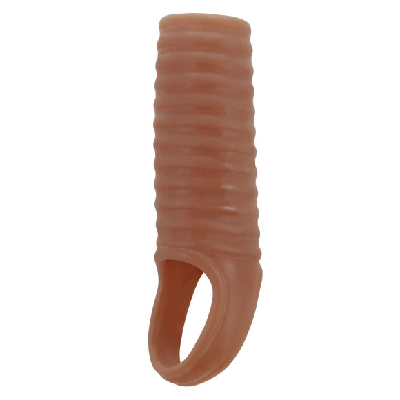 Телесная насадка на пенис с ребрышками и подхватом мошонки