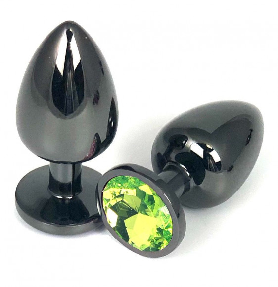 Черная металлическая анальная пробка с салатовым стразом - 9 см. Черная металлическая анальная пробка с салатовым стразом - 9 см.