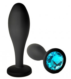 Черная анальная пробка с голубым кристаллом - 11 см.