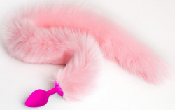 Розовая силиконовая анальная пробка с розовым хвостиком - размер M