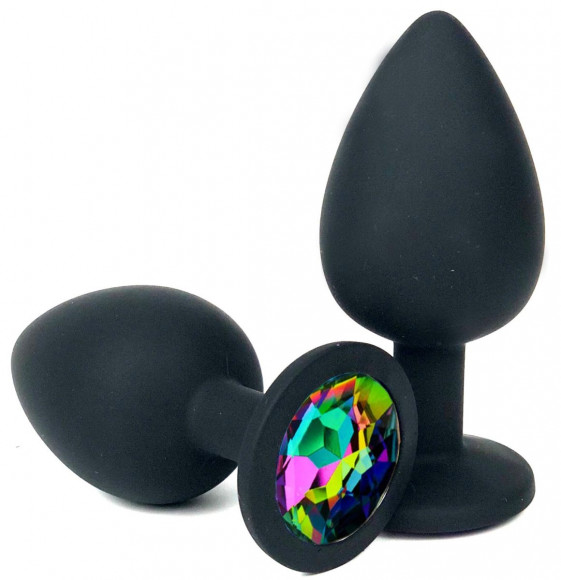 Черная силиконовая анальная пробка с разноцветным стразом - 9,5 см. Черная силиконовая анальная пробка с разноцветным стразом - 9,5 см.