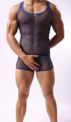 Синяя полупрозрачная мужская майка-борцовка Синяя полупрозрачная мужская майка-борцовка