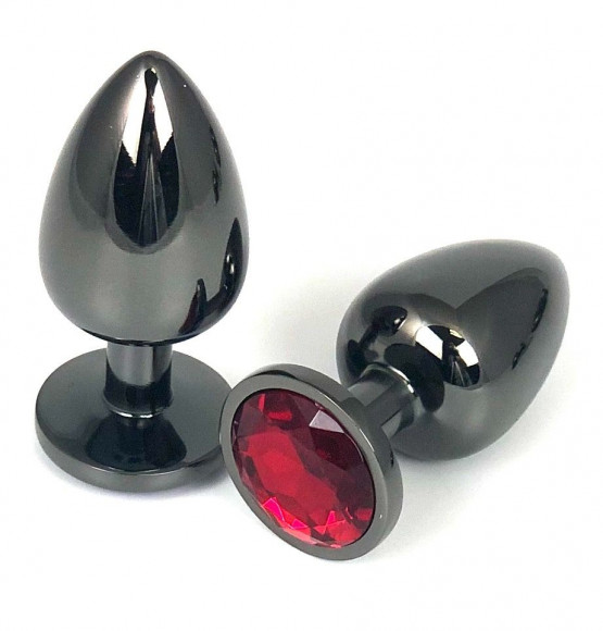 Черная металлическая анальная пробка с красным стразом - 9 см. Черная металлическая анальная пробка с красным стразом - 9 см.