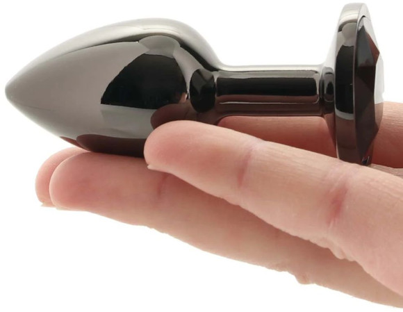 Черная алюминиевая анальная пробка с кристаллом - 6 см.