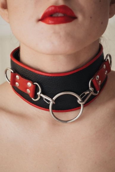Черно-красный кожаный ошейник с кольцом Черно-красный кожаный ошейник с кольцом