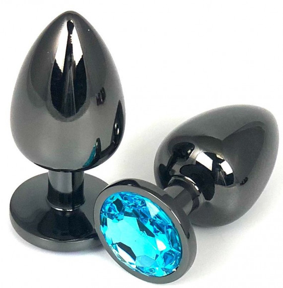 Черная металлическая анальная пробка с голубым стразом - 6,5 см. Черная металлическая анальная пробка с голубым стразом - 6,5 см.