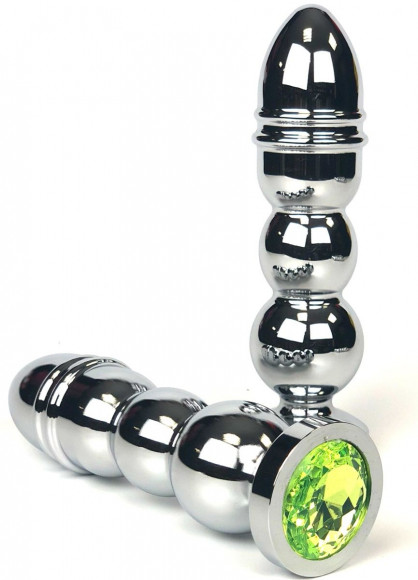Серебристая анальная пробка-ёлочка с лаймовым кристаллом - 13 см. Серебристая анальная пробка-ёлочка с лаймовым кристаллом - 13 см.