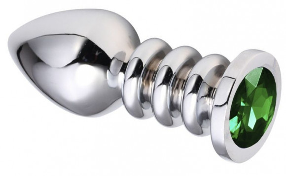 Серебристая анальная пробка на рельефной ножке с зеленым кристаллом - 9 см. Серебристая анальная пробка на рельефной ножке с зеленым кристаллом - 9 см.