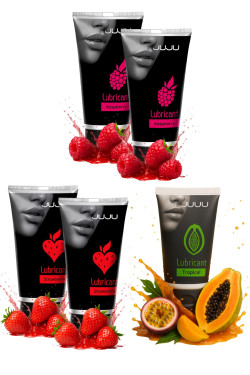 Набор из 5 съедобных лубрикантов JUJU (клубника х 2, малина х 2, тропические фрукты)