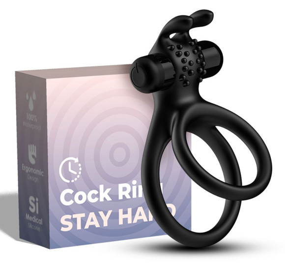 Черное эрекционное виброкольцо с подхватом мошонки Stay Hard