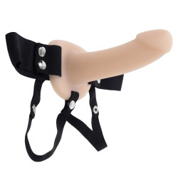 Телесный полый страпон с черными эластичными ремешками Our First Hollow Strap On Телесный полый страпон с черными эластичными ремешками Our First Hollow Strap On