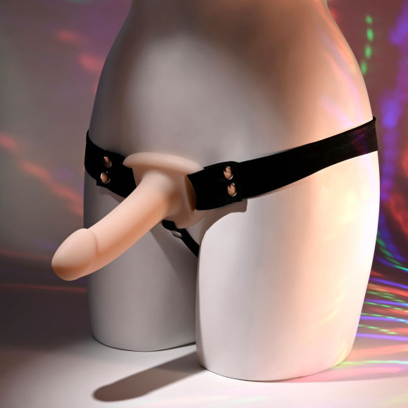 Телесный полый страпон с черными эластичными ремешками Our First Hollow Strap On Телесный полый страпон с черными эластичными ремешками Our First Hollow Strap On