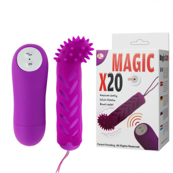 Лиловый вибратор MAGIC X20 с насадкой и пультом ДУ - 10 см. Лиловый вибратор MAGIC X20 с насадкой и пультом ДУ - 10 см.