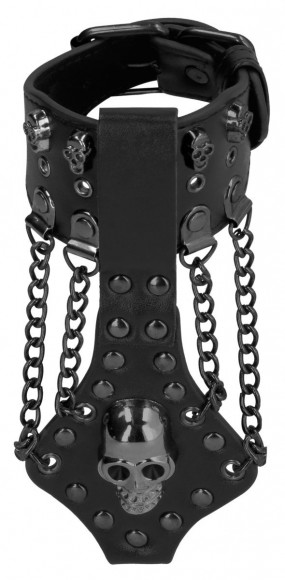 Черный браслет с металлической фурнитурой и черепами Черный браслет с металлической фурнитурой и черепами