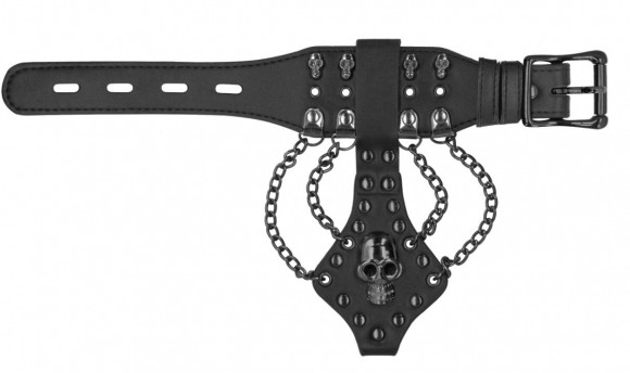 Черный браслет с металлической фурнитурой и черепами Черный браслет с металлической фурнитурой и черепами