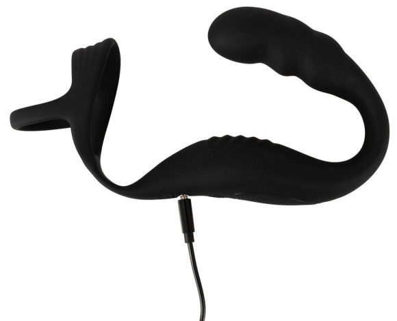 Черное эрекционное кольцо со стимуляцией промежности и анальной пробкой Cock Ring with RC Prostate Plug