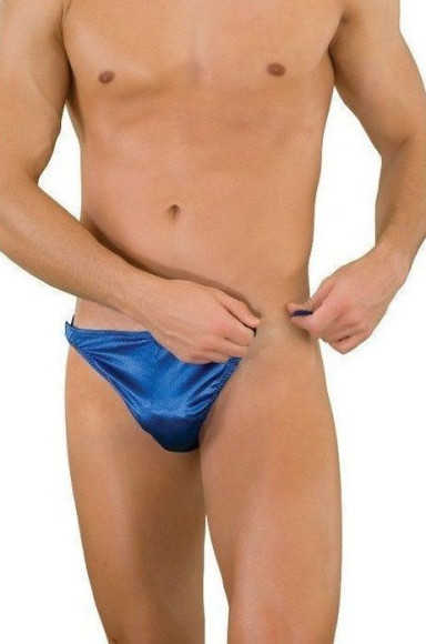 Синие трусы-тонги с застежкой сбоку и сатиновым блеском