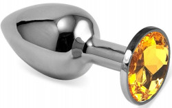 Серебристая гладкая анальная пробка с оранжевым кристаллом - 8 см.