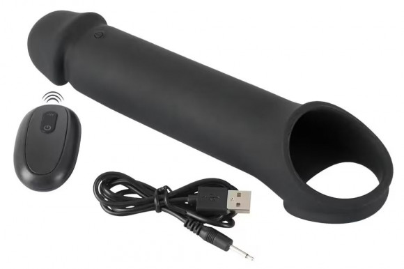 Черная вибронасадка для пениса с хомутом для мошонки и пультом ДУ Remote Controlled Penis Extension Черная вибронасадка для пениса с хомутом для мошонки и пультом ДУ Remote Controlled Penis Extension