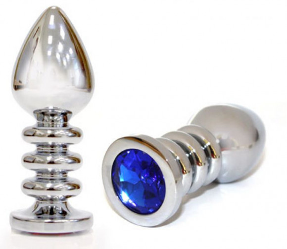 Большая серебристая анальная пробка с синим кристаллом - 10 см.