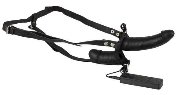 Чёрный вибрострапон с вагинальной пробкой Double Thruster - 17 см. Чёрный вибрострапон с вагинальной пробкой Double Thruster - 17 см.