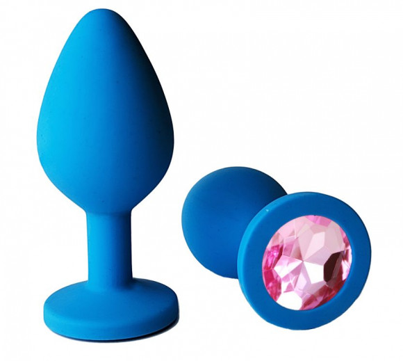 Голубая анальная пробка с нежно-розовым кристаллом - 7 см. Голубая анальная пробка с нежно-розовым кристаллом - 7 см.