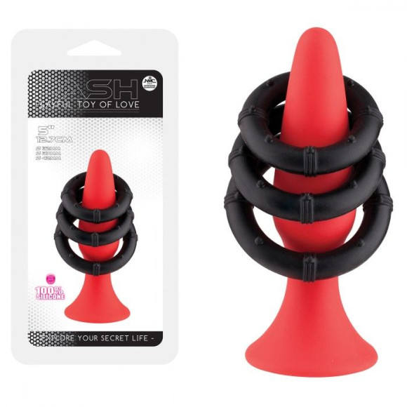 Набор из красного анального плага и 3 черных эрекционных колец Набор из красного анального плага и 3 черных эрекционных колец